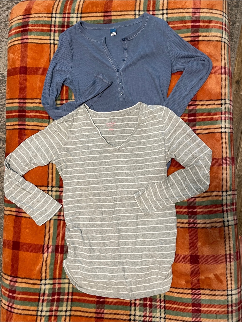 Blue Ribbed Henley & Gray Stripe V‑Neck maternity tops - Two-Pack